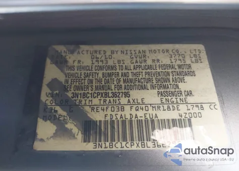 2011 Nissan Versa 1.8S z USA, uszkodzony, nr VIN 3N1BC1CPXBL362795